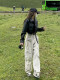 Large size two-piece motorcycle small PU leather jacket jacket women autumn American high street pocket work pants
