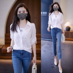 Fake Two-Piece White Shirt for Women, New Spring Design, Sun-Protective Shirt, Loose Fit, Tummy-Covering, Slimming Top for Spring and Autumn