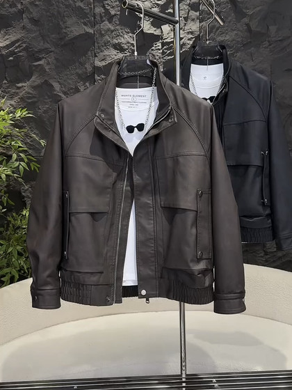 
Trendy motorcycle leather jacket men's jacket 2025 autumn and winter new short stand collar casual handsome men's jacket