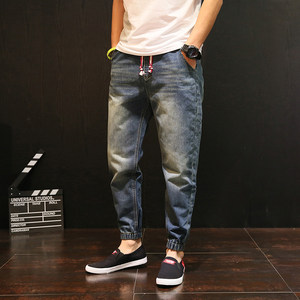 
Summer new style ankle-tied nine-point jeans for men with loose tight waist and ripped harem leg-binding pants