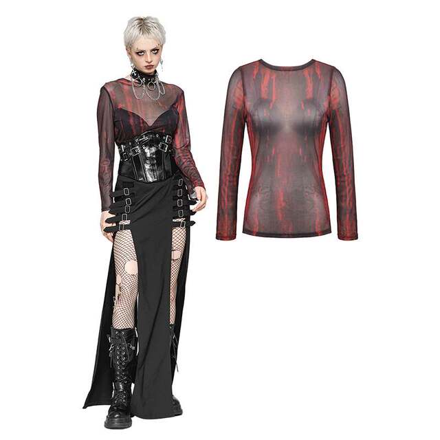 DARK IN LOVE Gothic Women's Black and Red Tie Dye Mesh Multifunctional Base Top TW620
