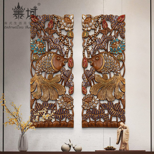 タイの金魚の木彫りの壁の装飾 |中国風ポーチペンダント 