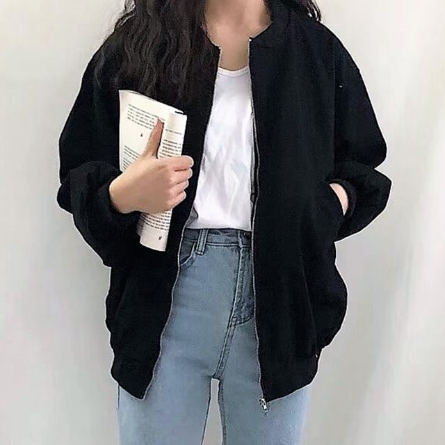 Casual loose large size fat mm black cotton baseball uniform work jacket for women in spring, autumn and winter Korean version versatile