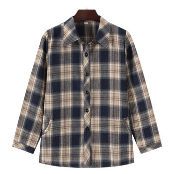 
Mother's spring nine-quarter sleeve cotton shirt middle-aged women's brushed cotton shirt plaid middle-aged and elderly women's cardigan