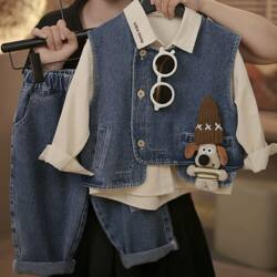 Boys' Spring and Autumn Clothes Girls' Suits Autumn Baby New Children's Style Denim Vest Three-piece Clothes Hot Trend