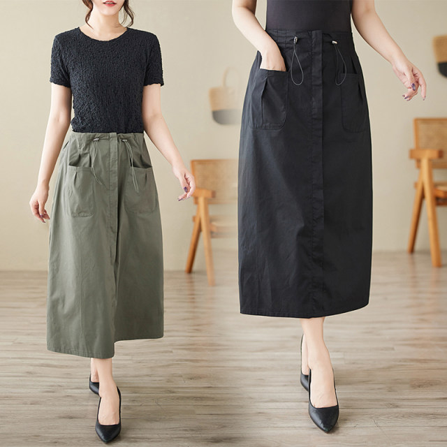 American retro workwear double pocket high waist skirt for women 2024 autumn new style versatile slim mid-length skirt
