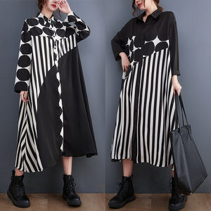 2024 spring new loose large size long -sleeved dress female design sense stripe stitching thin A -line shirt skirt

