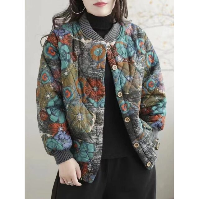 Winter large size loose cotton thickened printed long-sleeved cotton jacket for women age-reducing versatile short stand collar baseball uniform
