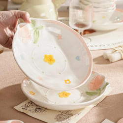 Cute Plate with Floral Design, Household Ceramic Fish Plate, Round Plate, New High-Value Plate with a Sense of Ceremony, Breakfast Plate