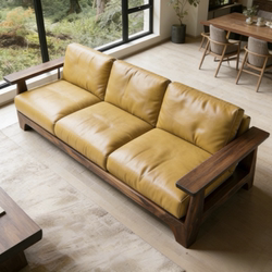 Italian-Style Minimalist Solid Wood Sofa, New High-End Black Walnut Wood Simple Living Room Sofa, Villa Straight-Row Leather Sofa