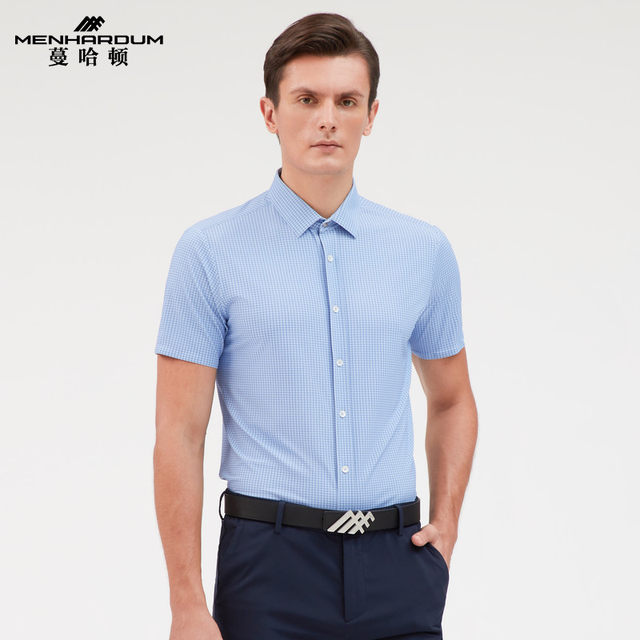 MENHARDUM/Manhadun summer high-end fine plaid cardigan lapel T-shirt business gentleman casual short T