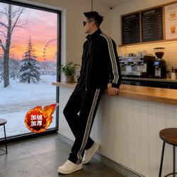 Fleece-Lined Men's Winter Tracksuit with Long Sleeves, Stand-Up Collar, Zipper, Striped Cardigan Sweatshirt and Sweatpants, Trendy Casual Two-Piece Set