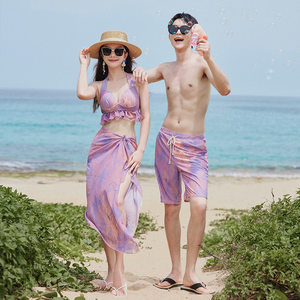 
New holiday couple swimsuit suit set for women three-piece steel support conservative flat corner men's loose beach pants