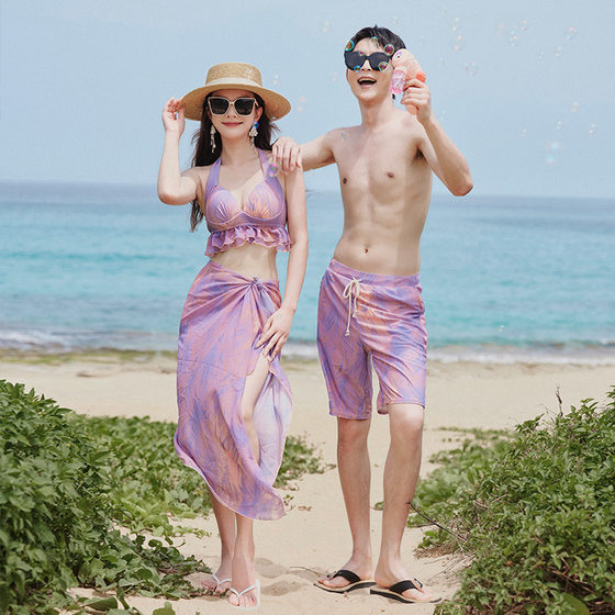 
New holiday couple swimsuit suit set for women three-piece steel support conservative flat corner men's loose beach pants