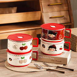 Ceramic Instant Noodle Bowl with Lid for Dormitory Use, High-Looking Noodle Cup for Students, Microwaveable Rice Bowl, Special for Dining in the Cafeteria