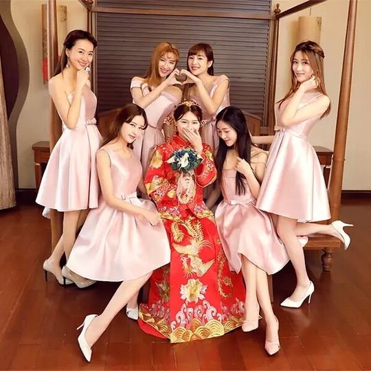 Pink Korean Style Bridesmaid Dress - Long Evening Gown