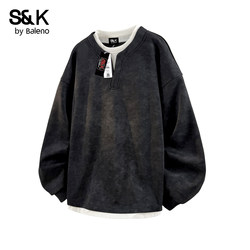 Baleno Black Crew Neck Sweatshirt for Men, Spring Fake Two-Piece Versatile Loose Casual Long-Sleeve Top