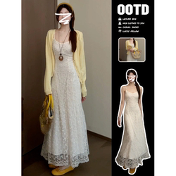 French-Style Lace Spaghetti Strap Dress for Women, Summer 2026 New Model, High-End and Elegant, Stunning Seaside Vacation Long Dress