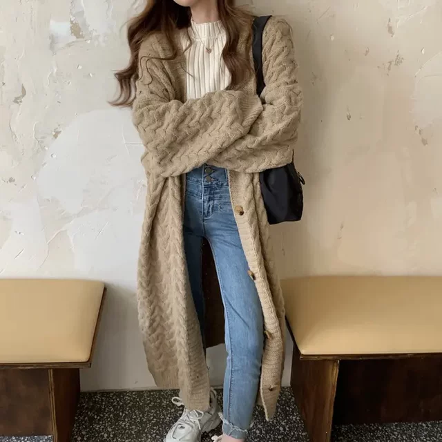 Korean thick moxa lazy style coat in autumn and winter loose slim super long thick cardigan sweater jacket for women
