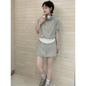 
European fake two-piece suit for women 2026 summer new hooded drawstring elastic high-waist anti-exposure safety pants skirt