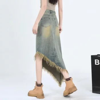 2024 new summer irregular fur-edged denim skirt for women with old design versatile mid-length skirt trendy
