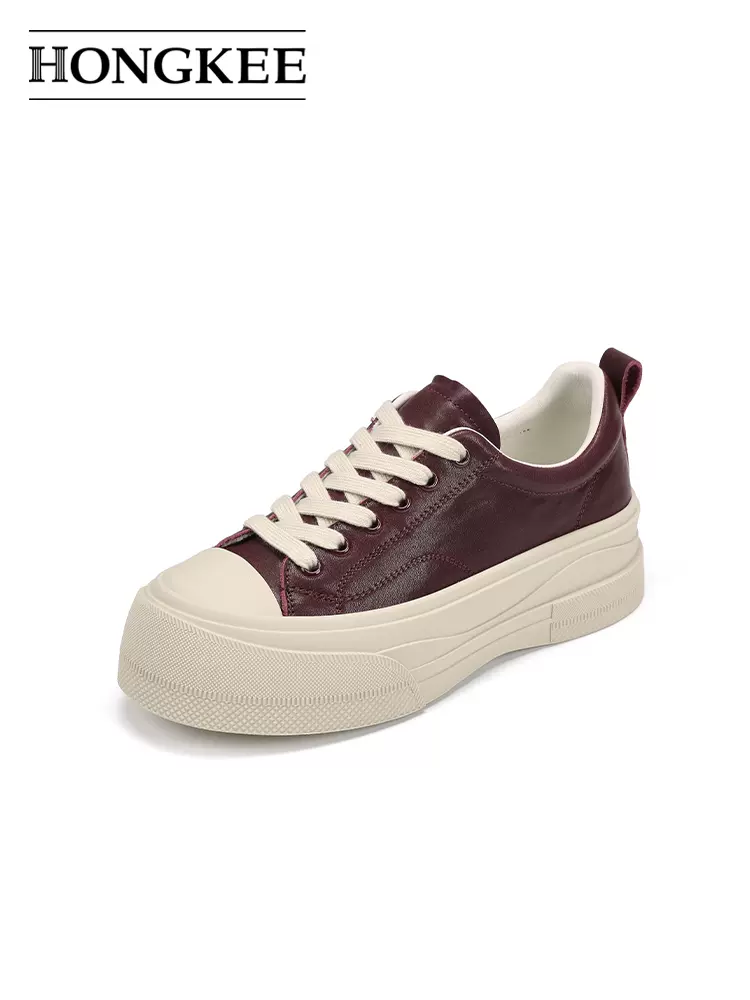 hongkee/红科2025春季单鞋系带休闲板鞋学院风厚底小皮鞋h815d100