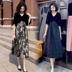 
Korean style dress for women 2024 summer new style V-neck high-waisted slim velvet spliced meat covering and slimming A-line skirt