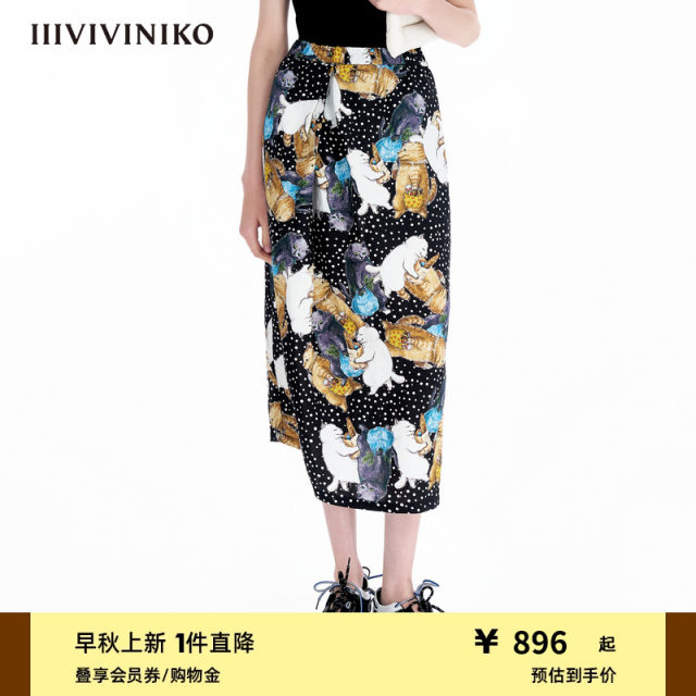 IIIVIVINIKO2025 summer new cat print retro fashionable straight skirt women R520702188D