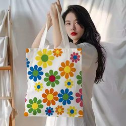 Fresh Floral Print Canvas Bag for Shopping, Eco-Friendly Bag for Carrying Books, Tutoring, School, Commuting, Large Capacity Bag