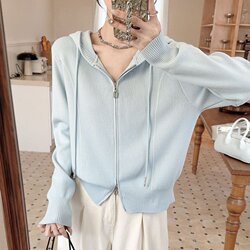 Hooded Double-Zip Soft Long-Sleeve Knit Cardigan Sweater Jacket for Women, Spring Fashion Stylish Hoodie Casual Top