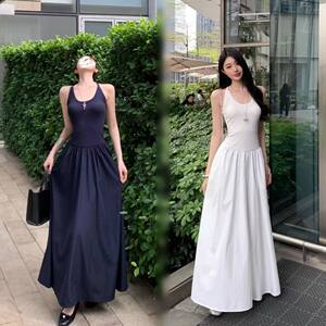 
Hepburn style suspender white dress French summer new temperament sleeveless patchwork waist slimming long skirt slim fit