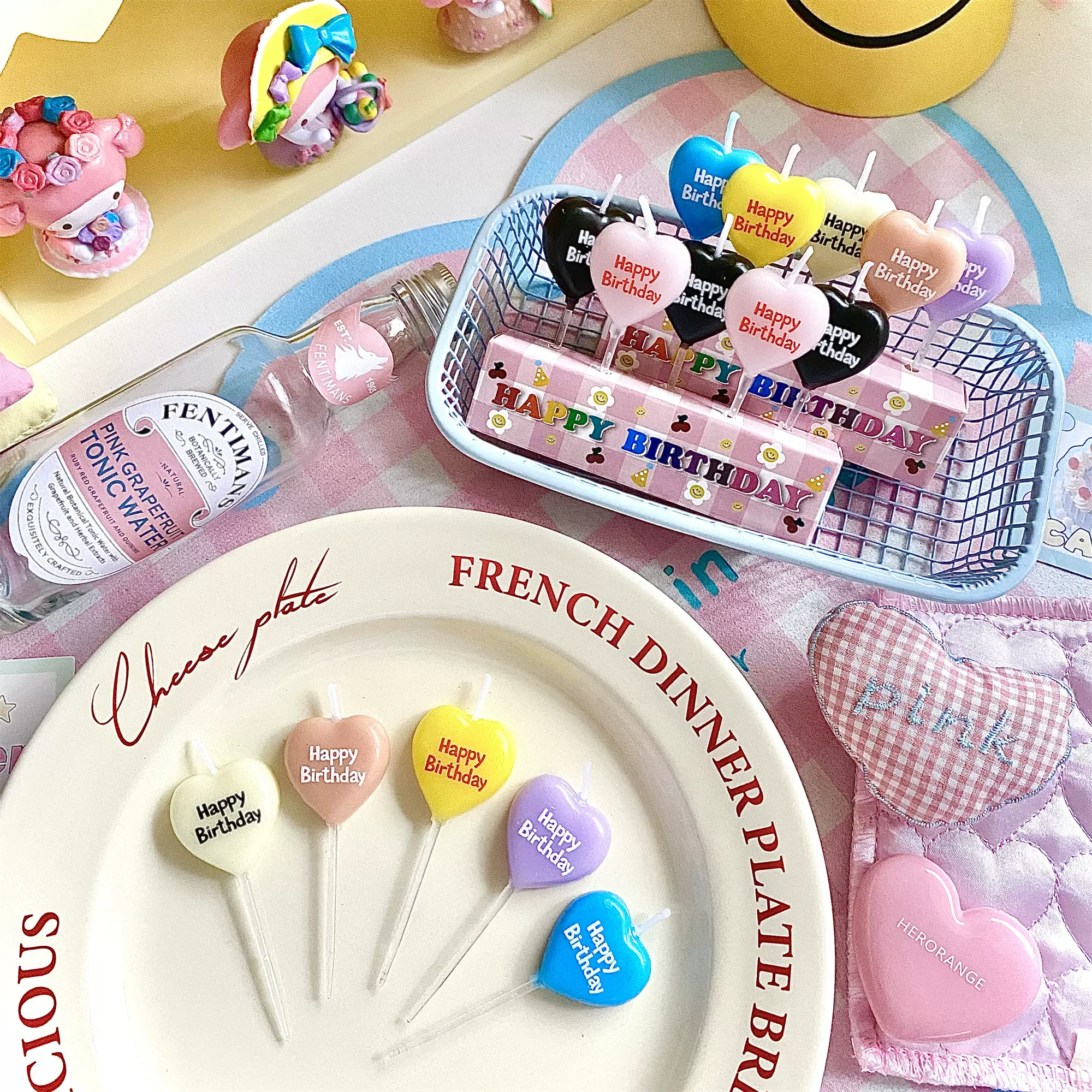 烘焙蛋糕装饰韩国复古粉色彩色爱心形生日快乐蜡烛英文生日派对