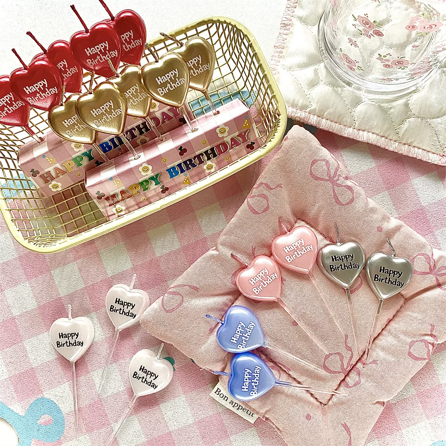 烘焙秘密韩国生日英文珠光爱心蜡烛装饰插件银粉色生日蛋糕蜡烛