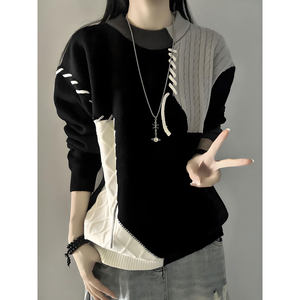 
American retro contrasting color round neck sweater for men, winter design knitted sweater with a lazy style top that can be worn outside