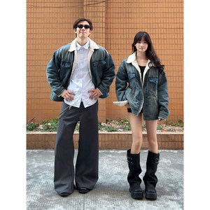 
Light blue sherpa denim jacket for men and women winter cleanfit plus velvet warm casual cotton coat couple jacket