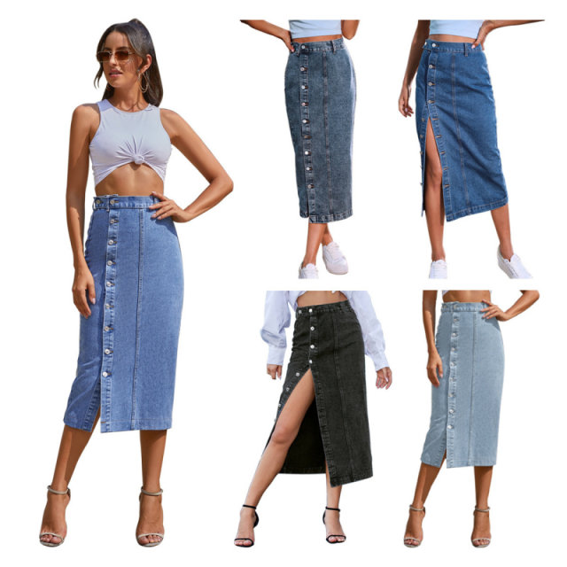 Women's button irregular slit denim high waist long skirt
