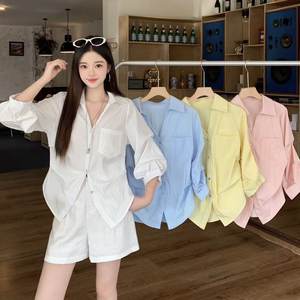 
Xiaojijia plus size women's spring new style fat mm concave shape lapel pinch pleated shirt waist slimming versatile shirt
