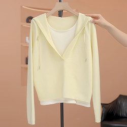 Fake Two-Piece Hooded Long-Sleeved Knit Top for Women, 2026 Spring New Fashion, Stylish, Slimming, Age-Reducing Design Top
