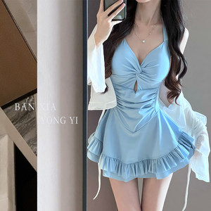 
Women's swimsuit 2025 new high-end small breasts gathered slightly fat covering the flesh and slimming skirt style one-piece swimsuit for hot spring bathing