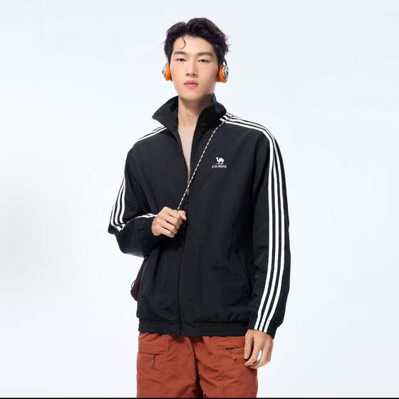 
Camel Campus Windbreaker Jacket Stand Collar Jacket Men's and Women's Spring Outdoor Sports Travel Water-Repellent Black
