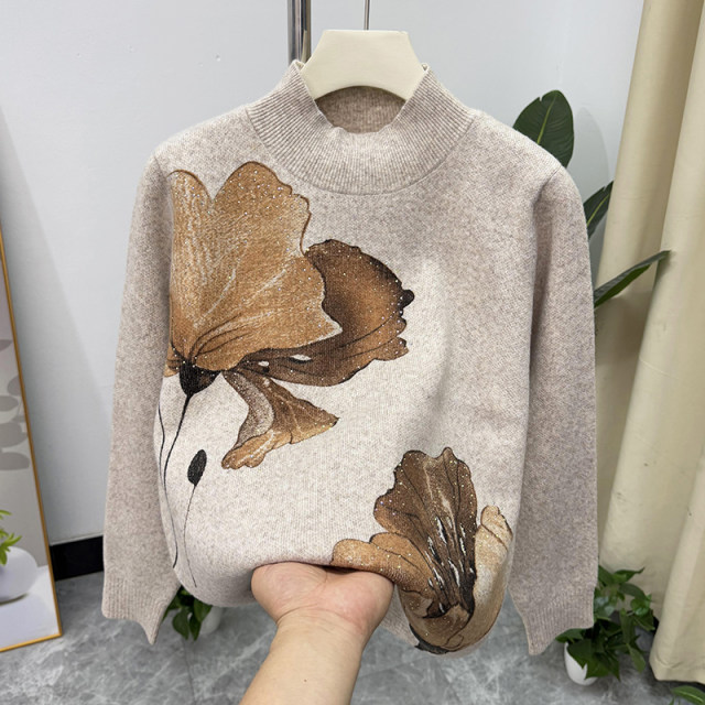 Middle-aged mother's winter clothing fashionable half turtleneck bottoming shirt thick knitted top middle-aged and elderly women's autumn and winter sweater fashionable