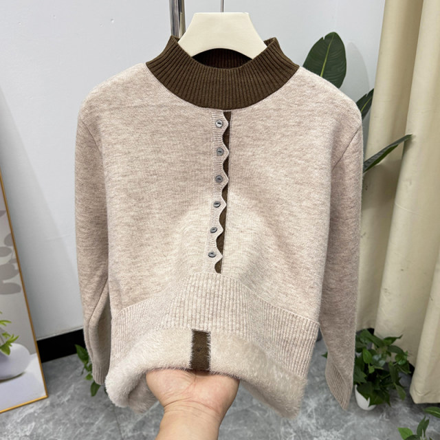 Middle-aged mother winter fashion half turtleneck bottoming shirt 2025 new middle-aged and elderly women velvet thickened warm sweater