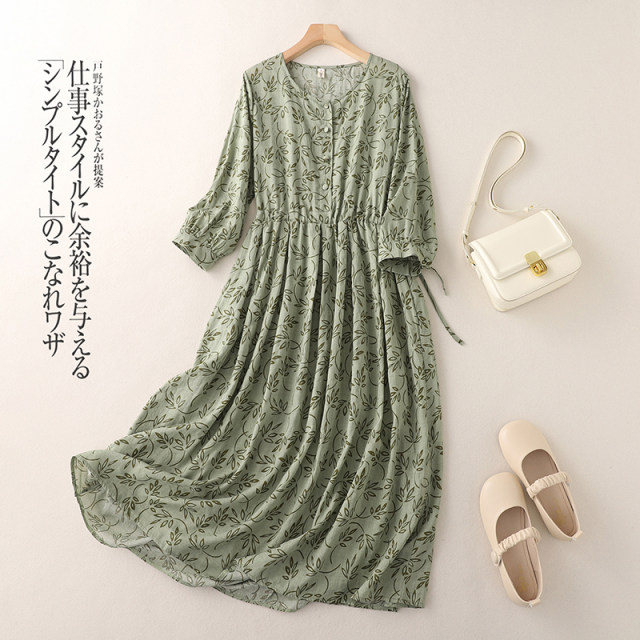 Dress in summer female seven -point sleeve literary cotton and linen fashion printed long skirt large size loose waist thin A -line skirt
