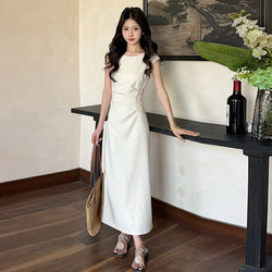 150cm Petite Chinese-Style Dress, French-Style Sleeveless, Waist-Cinching, Slit Long Dress, Elegant and Slimming, Apricot-Colored Embroidered A-Line Dress