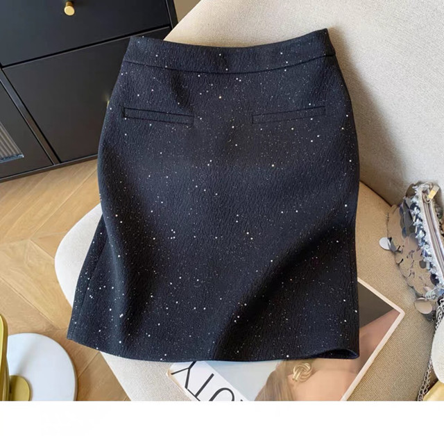 Thin shiny sequin wool skirt for women in autumn and winter large size high waist slim A-line hip skirt slit straight middle skirt