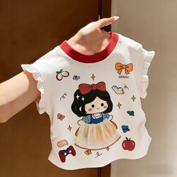 Girls' Cute Snow White Princess Children's Stylish T-Shirt with Printed Mesh Flutter Sleeves and Color-Blocking, Pure Cotton Short-Sleeve Top for Baby Girls