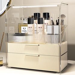 Cosmetic Storage Box, Large Capacity, Desktop Dust-Proof Integrated Box with Drawer, Lipstick, Skin Care, Dressing Table Cabinet Storage Rack