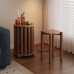 Blue Ideal Solid Wood Cylindrical Stool, Mobile Small Stool, Living Room Sofa Side Table with Wheels, Multifunctional Storage Stool