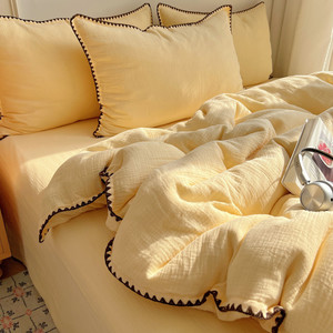 
Category A maternal and infant grade pure cotton wrinkled yarn four-piece set 100 cotton premium master bedroom sheets and quilt cover three-piece fitted sheet set