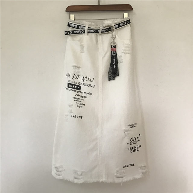Fashionable and personalized breasted Korean denim skirt large size fat mm spring and summer mid-length versatile temperament one-step skirt for women